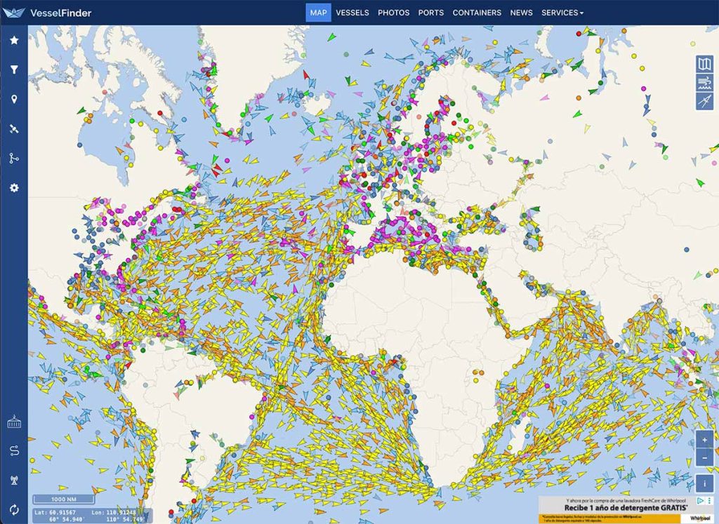 Imagen representativa de la interfaz de VesselFinder, app para rastrear buques en tiempo real 