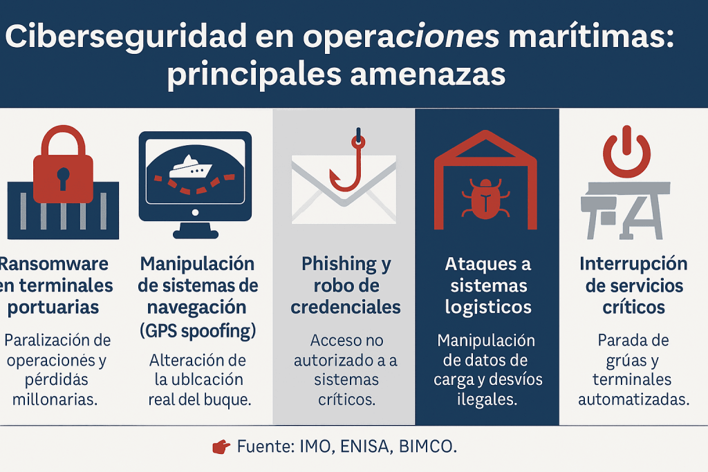 Ciberseguridad en operaciones marítimas: infografía con las principales amenazas