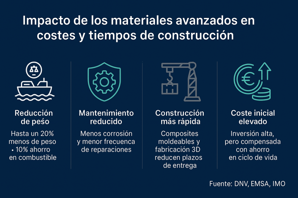 Infografía sobre los costes y tiempos de materiales avanzados en la construcción naval